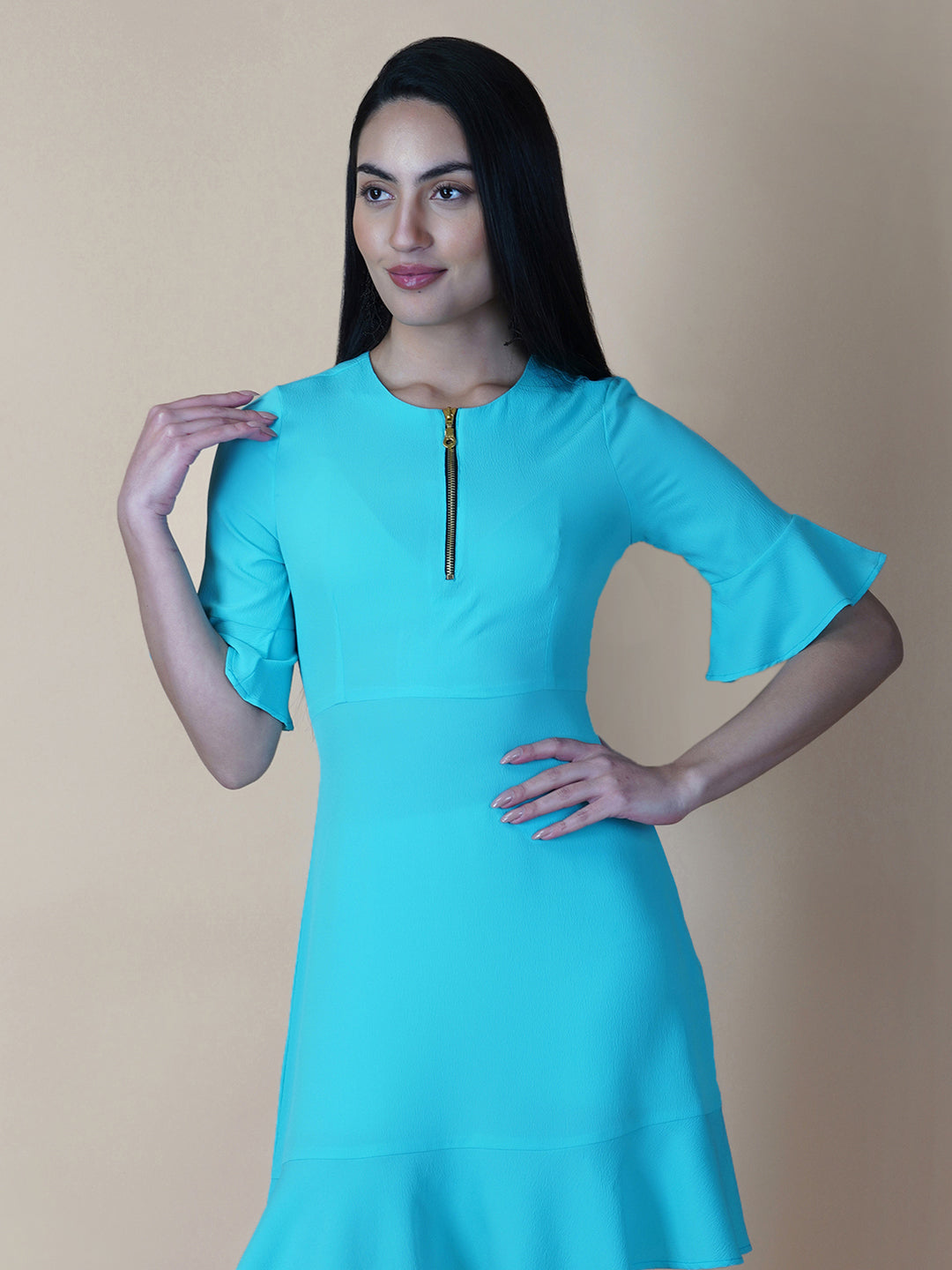 Turquoise color A Line Women's Dress with a Metallic Zipper is a stylish and sophisticated garment that is perfect for a variety of occasions. The burgundy color is a rich and deep shade that adds a touch of elegance to the dress, while the A-line cut is flattering and comfortable.