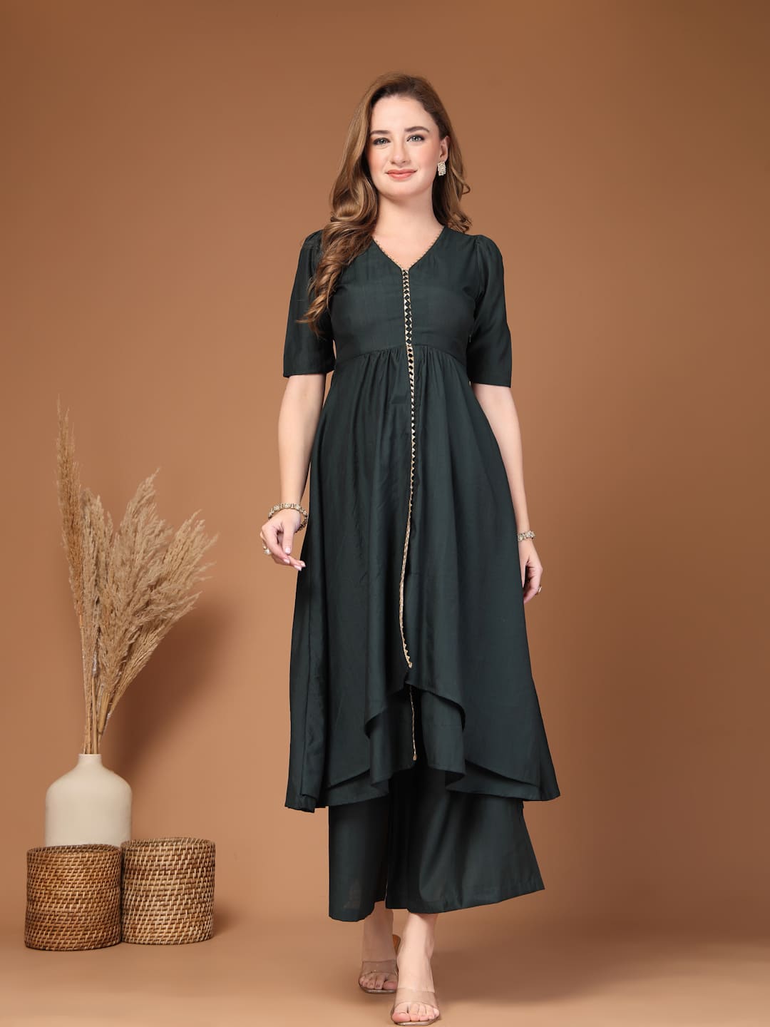 layered kurta dress Bottle Green Set for Women with Flared Pants USW512024MonDayA
