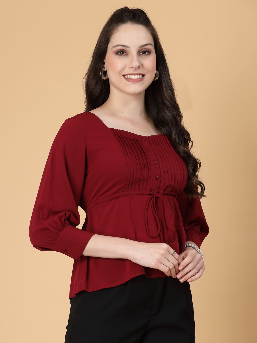Burgundy Colour Solid color, pintuck detail, and a touch of cinch. Your new Formal blouse For Work.