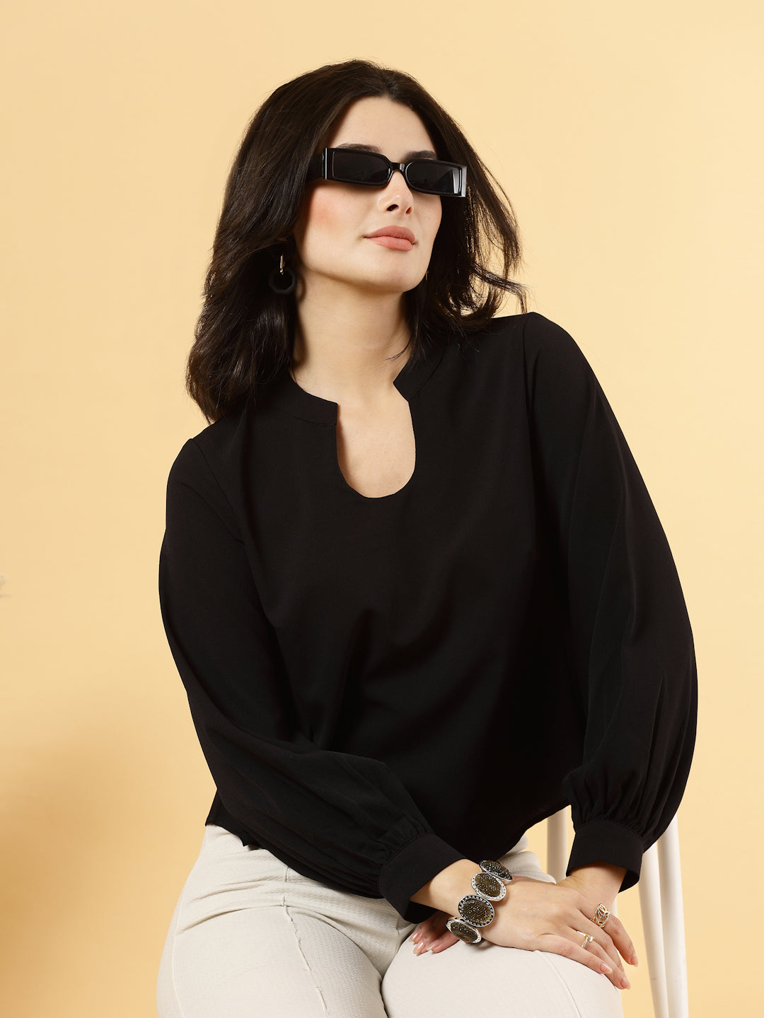 Black long sleeve formal top for women with U-neck and band collar, made from high-quality American Crepe fabric; features gathered sleeves with cuffs.