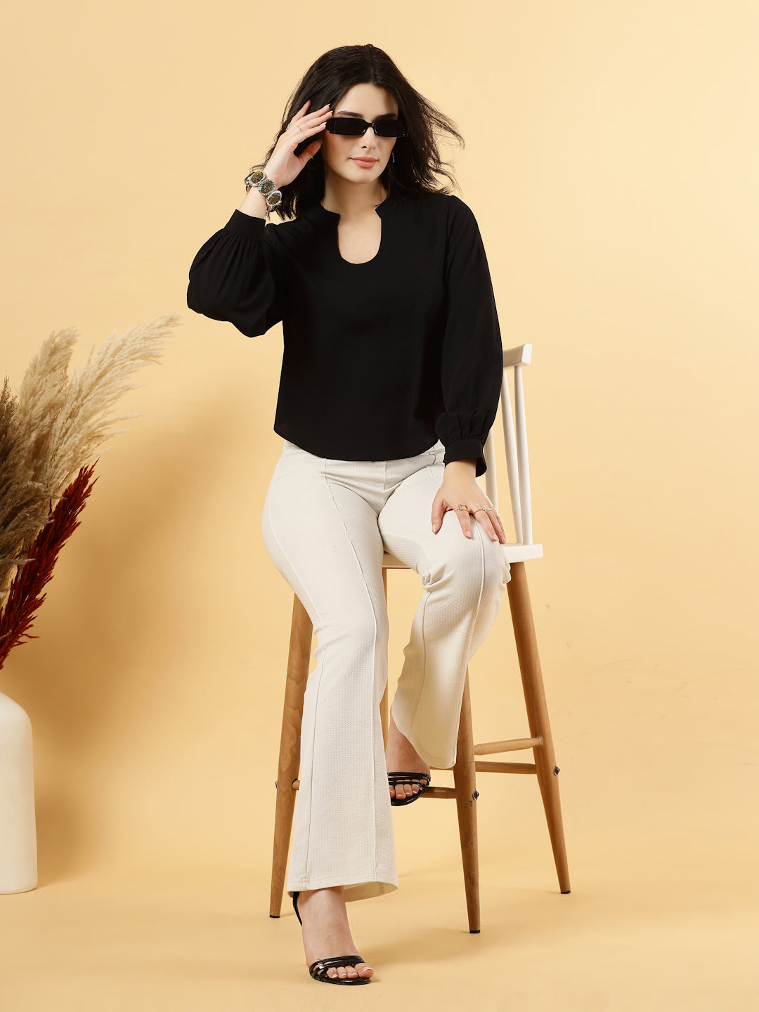 Black long sleeve formal top for women with U-neck and band collar, made from high-quality American Crepe fabric; features gathered sleeves with cuffs.