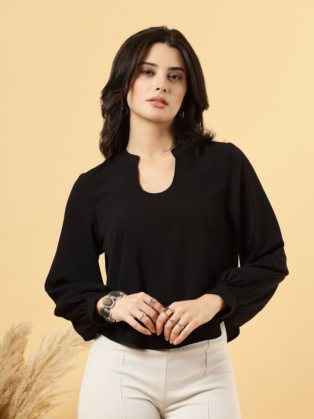 Black long sleeve formal top for women with U-neck and band collar, made from high-quality American Crepe fabric; features gathered sleeves with cuffs.