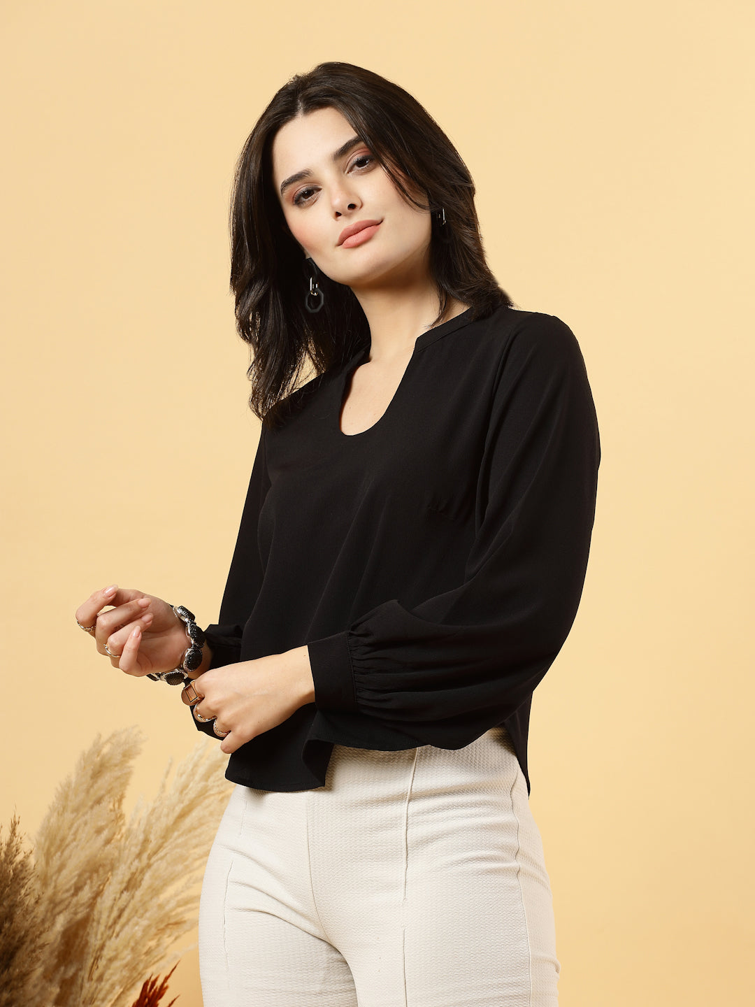 Black long sleeve formal top for women with U-neck and band collar, made from high-quality American Crepe fabric; features gathered sleeves with cuffs.