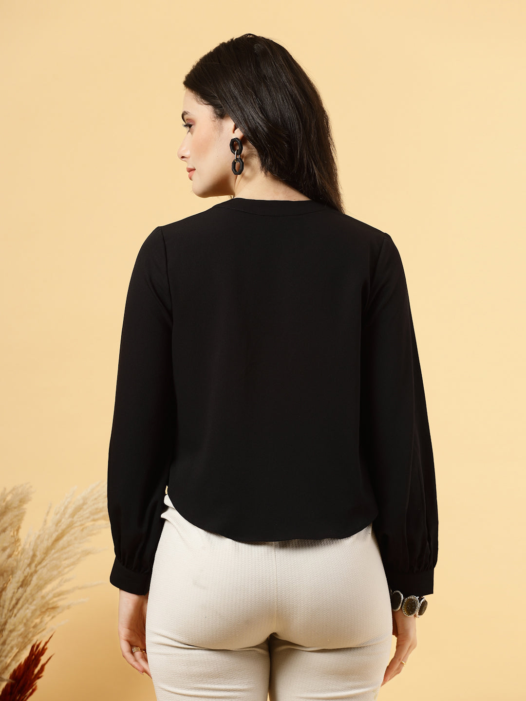 Black long sleeve formal top for women with U-neck and band collar, made from high-quality American Crepe fabric; features gathered sleeves with cuffs.
