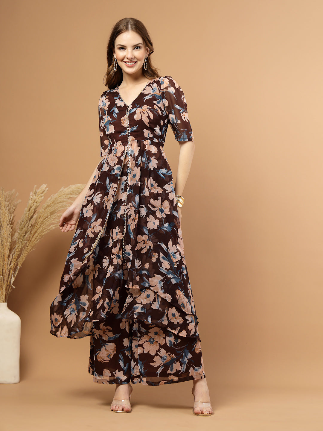 Brown and beige floral print party wear long kurti set with flared pants, cotton lining in palazzo and kurti body, double-layer chiffon flare for elegant flowy look.