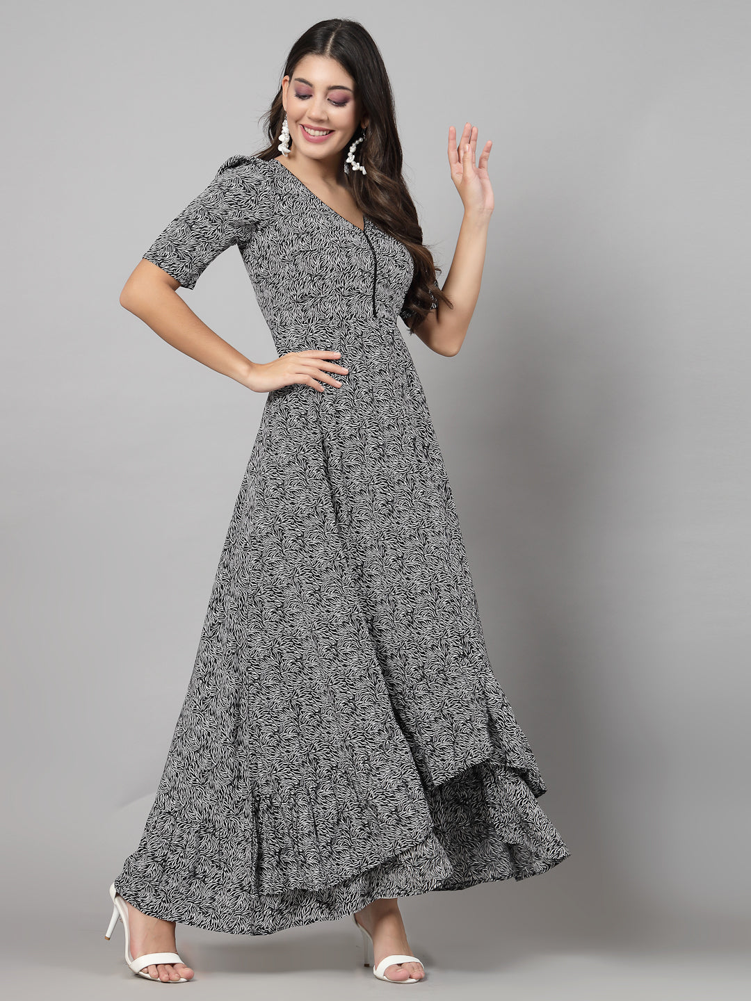 Printed Dress in for women & girls Crepe. Tailored With Short Sleeve & 'V' Neck, has a high low double layer pattern at front. Finished with a zip Closure at back for easy slip in.