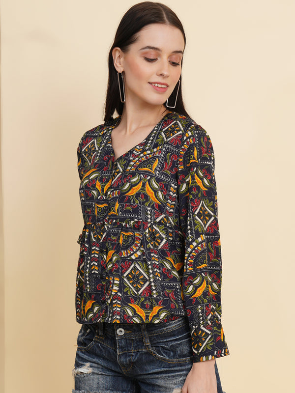 Multi Color Ethnic Print Women Top with Full Sleeve and Front Buttons