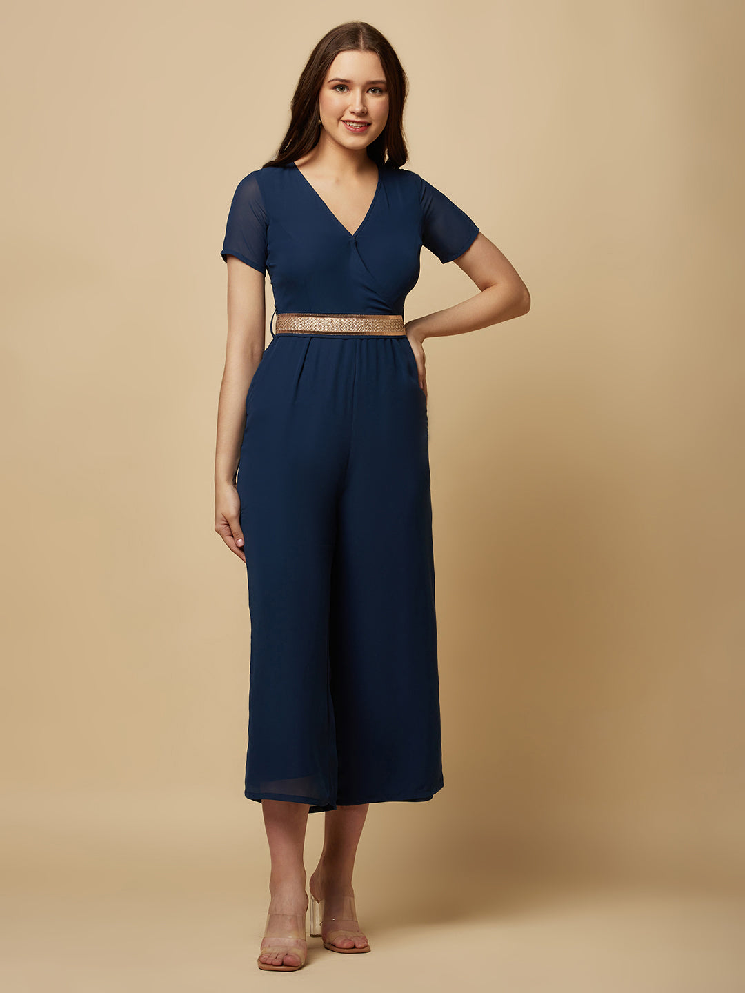 Blue Overlap Jumpsuit for Women With Belt