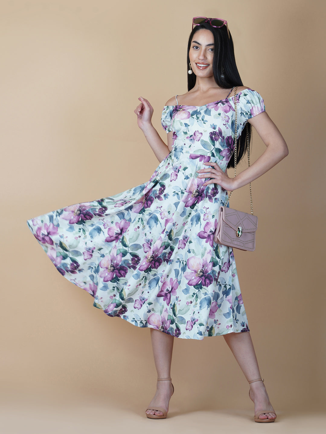 Off White Printed Off Shoulder Women Dress With Circular Hem