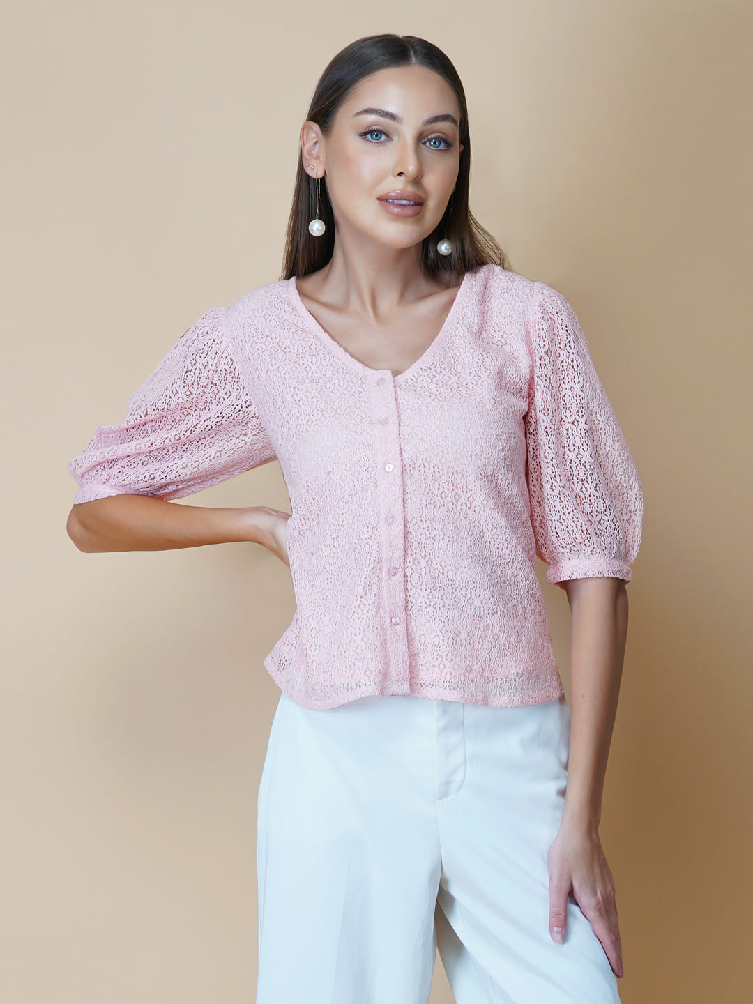 Pink Color Jacquard Mesh Women Top With Lining