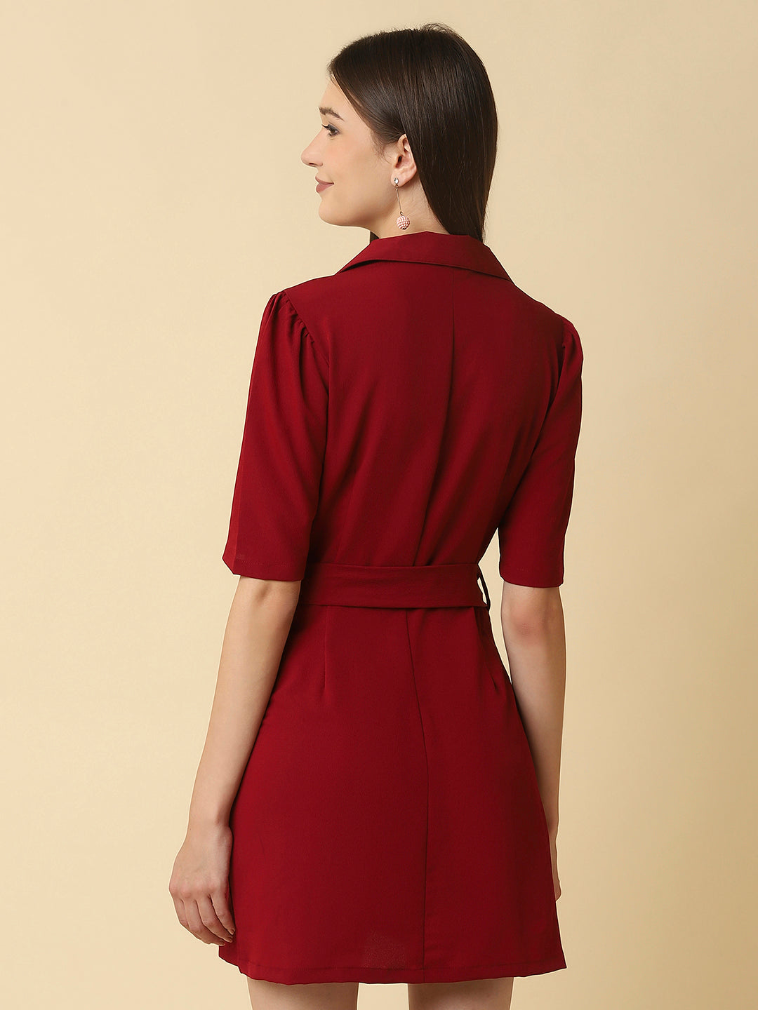 Burgundy Color Solid Short Women Dress With Tailored Collar & Belt