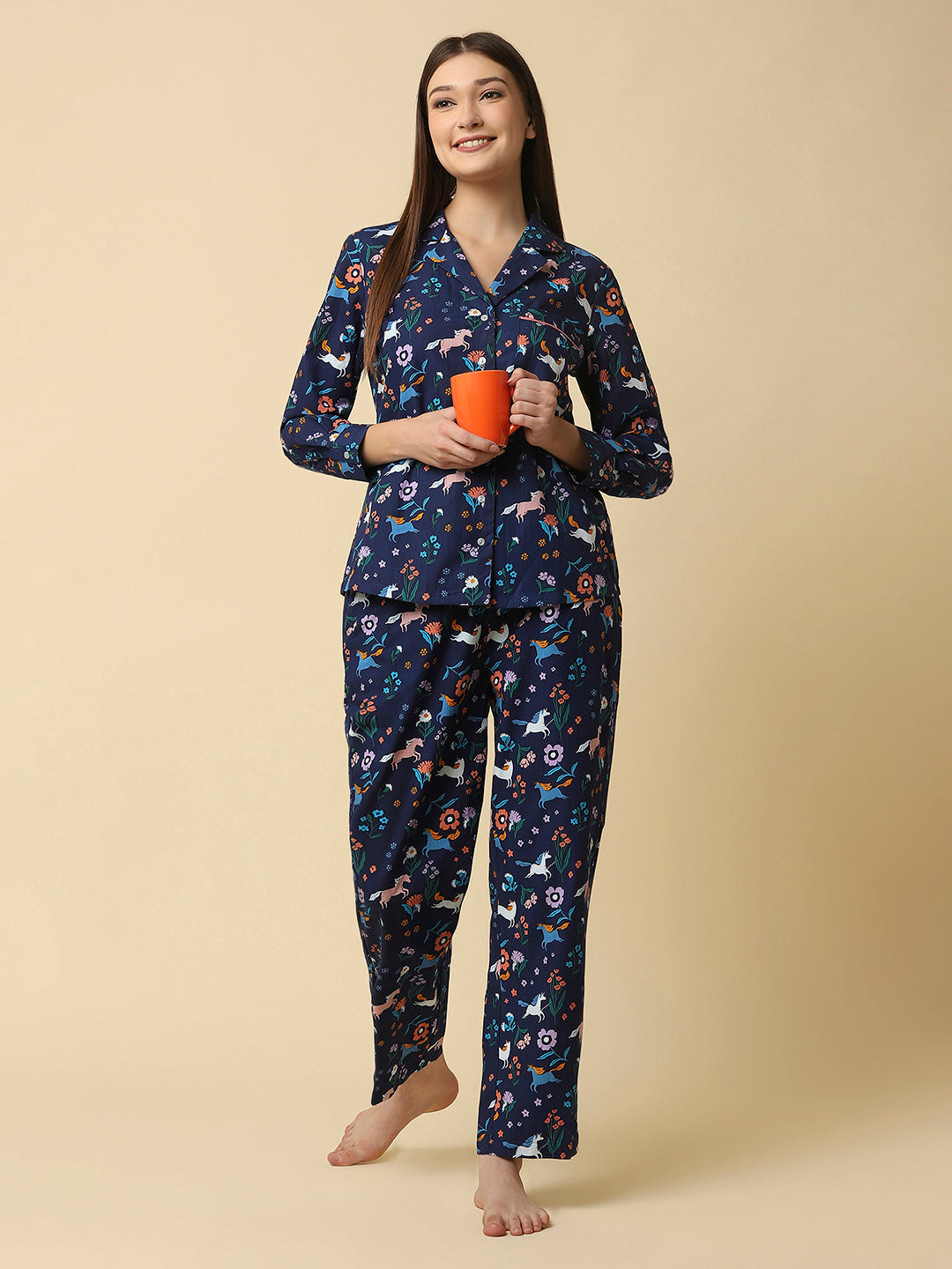 Blue printed cotton night suit for women is a comfortable and stylish sleepwear option that is perfect for warm summer nights or for lounging around the house. The night suit consists of a top and a bottom, both made of lightweight and breathable cotton fabric that ensures a comfortable and relaxed fit.