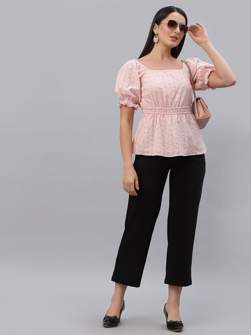 Pink Cotton Schiffli Women Top With Ruched Waist And Lining
