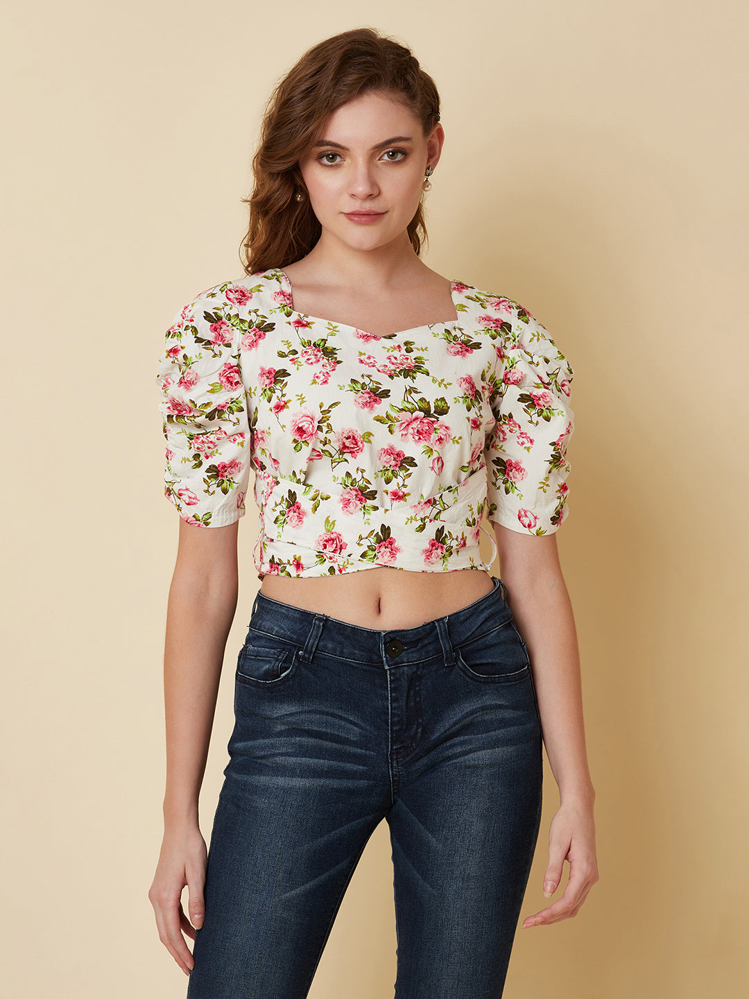 Floral Printed Cotton Crop Top For Women with pleated sleeve  and a tie up waist.