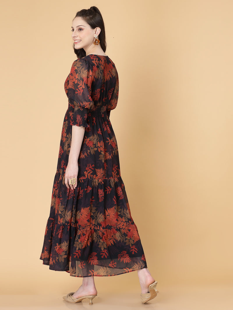 This exquisite three-tier Long Maxi Dress features a flattering fit-and-flare pattern, accentuated by a stylish Kansai at the waist that cinches your silhouette perfectly. With elegant sleeves adding a touch of sophistication, this dress is perfect for any occasion.