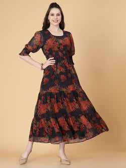 This exquisite three-tier Long Maxi Dress features a flattering fit-and-flare pattern, accentuated by a stylish Kansai at the waist that cinches your silhouette perfectly. With elegant sleeves adding a touch of sophistication, this dress is perfect for any occasion.