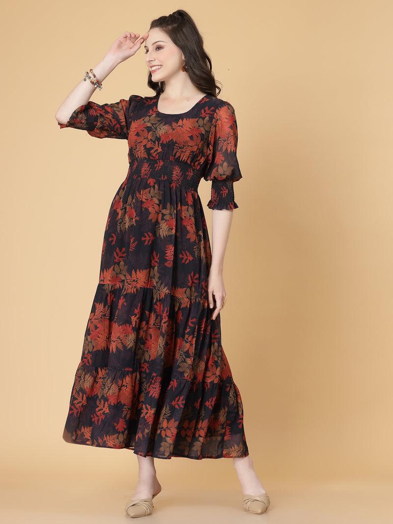 This exquisite three-tier Long Maxi Dress features a flattering fit-and-flare pattern, accentuated by a stylish Kansai at the waist that cinches your silhouette perfectly. With elegant sleeves adding a touch of sophistication, this dress is perfect for any occasion.