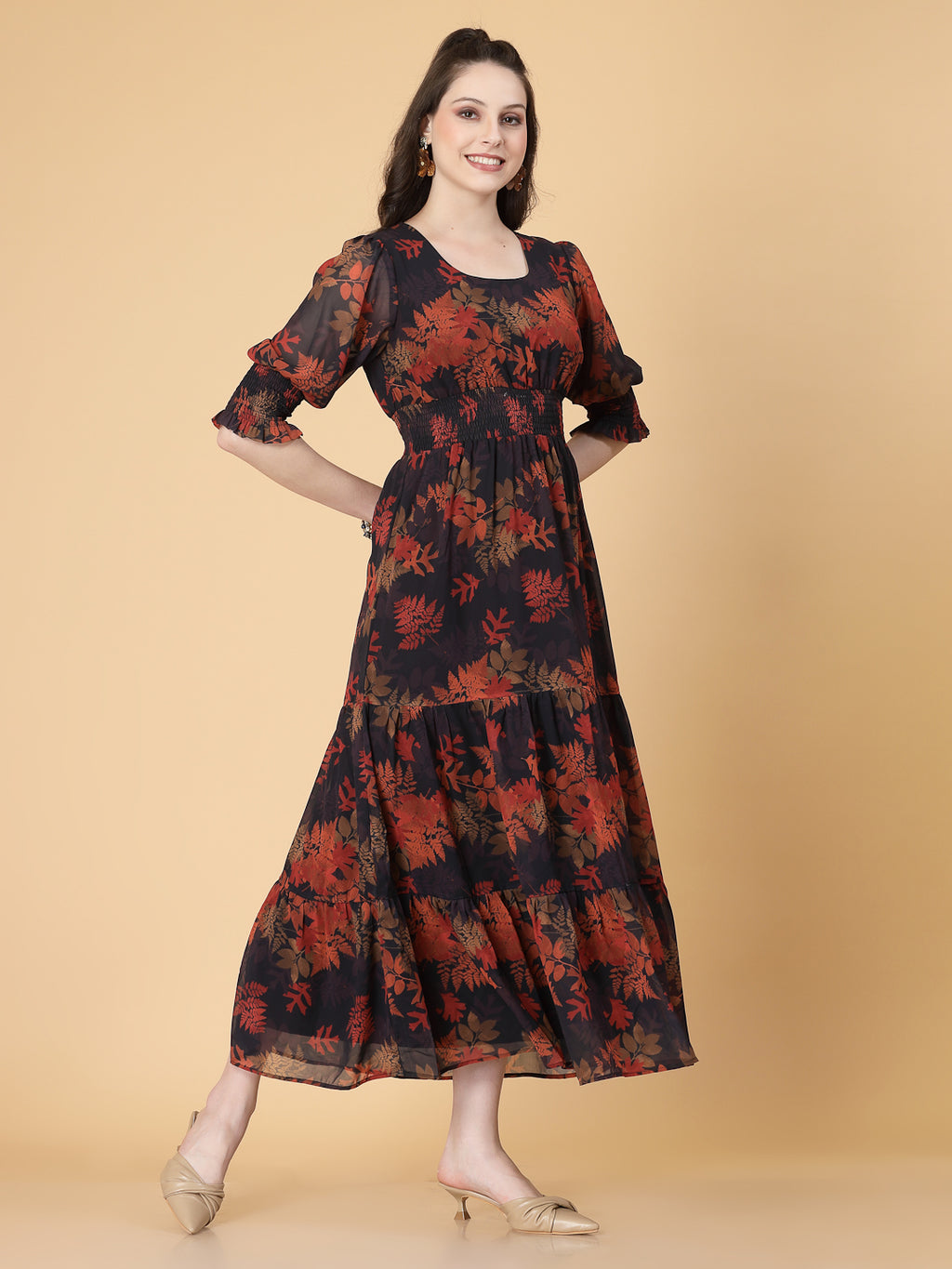 This exquisite three-tier Long Maxi Dress features a flattering fit-and-flare pattern, accentuated by a stylish Kansai at the waist that cinches your silhouette perfectly. With elegant sleeves adding a touch of sophistication, this dress is perfect for any occasion.