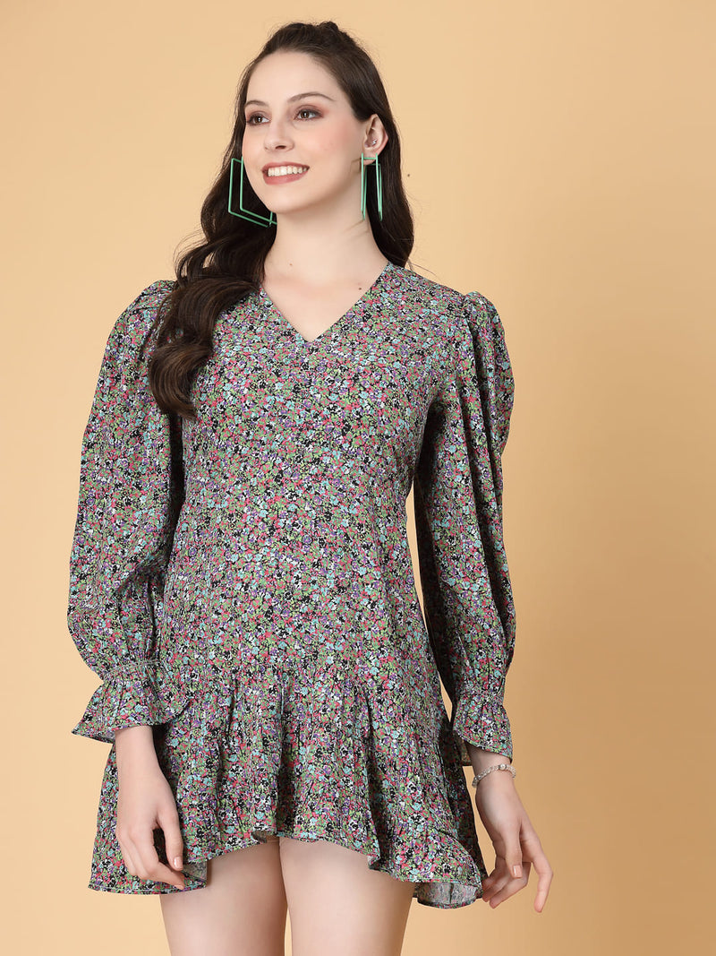 Stylish and comfortable floral dress with long sleeves, elasticated waist, and a flattering frilled hem.
