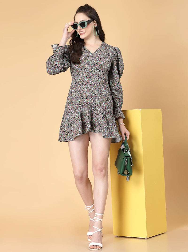 Stylish and comfortable floral dress with long sleeves, elasticated waist, and a flattering frilled hem.
