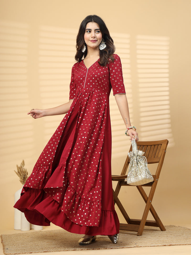 This red color V Neck Party Gown Dress is perfect for your party look or festive wear. Its a beautiful long dress with high low patterns and layers at front. This layered outfit has a back zip opening for easy slip in.

Pair it with some smart hand clutches and a sleek pair of footwear to add elegance in your party look.

