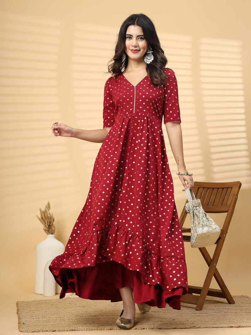 This red color V Neck Party Gown Dress is perfect for your party look or festive wear. Its a beautiful long dress with high low patterns and layers at front. This layered outfit has a back zip opening for easy slip in.

Pair it with some smart hand clutches and a sleek pair of footwear to add elegance in your party look.

