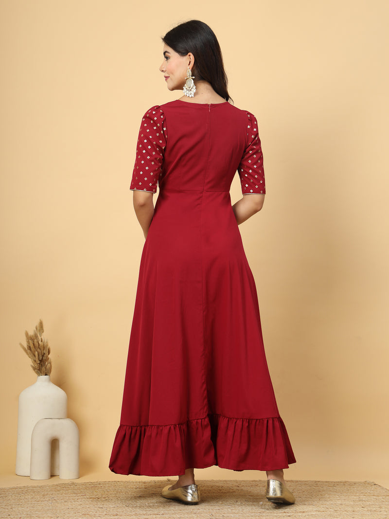 This red color V Neck Party Gown Dress is perfect for your party look or festive wear. Its a beautiful long dress with high low patterns and layers at front. This layered outfit has a back zip opening for easy slip in.

Pair it with some smart hand clutches and a sleek pair of footwear to add elegance in your party look.

