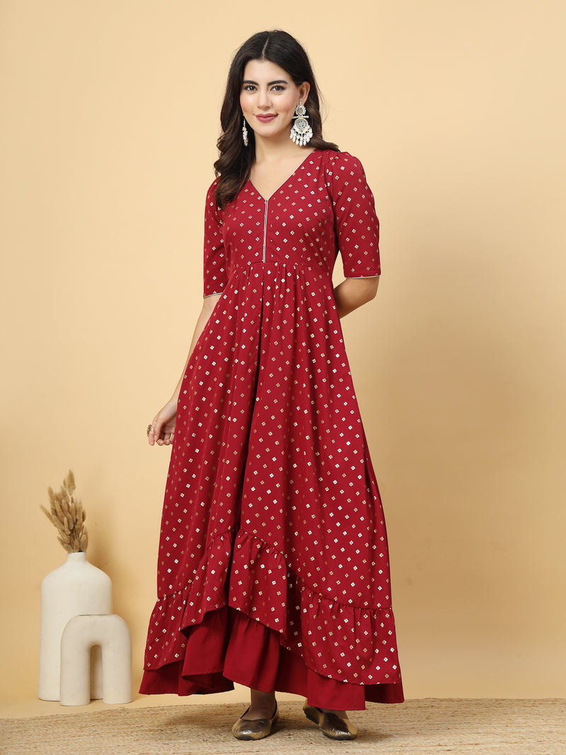 This red color V Neck Party Gown Dress is perfect for your party look or festive wear. Its a beautiful long dress with high low patterns and layers at front. This layered outfit has a back zip opening for easy slip in.

Pair it with some smart hand clutches and a sleek pair of footwear to add elegance in your party look.

