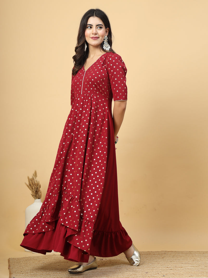 This red color V Neck Party Gown Dress is perfect for your party look or festive wear. Its a beautiful long dress with high low patterns and layers at front. This layered outfit has a back zip opening for easy slip in.

Pair it with some smart hand clutches and a sleek pair of footwear to add elegance in your party look.

