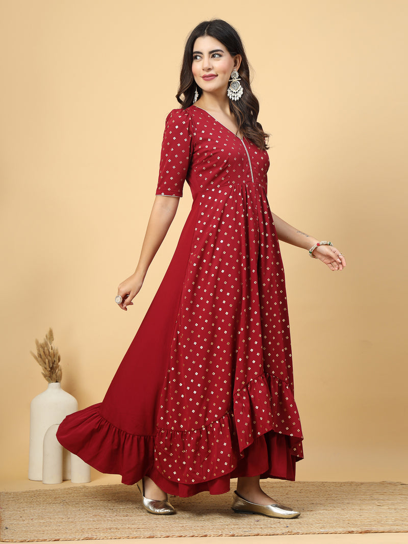 This red color V Neck Party Gown Dress is perfect for your party look or festive wear. Its a beautiful long dress with high low patterns and layers at front. This layered outfit has a back zip opening for easy slip in.

Pair it with some smart hand clutches and a sleek pair of footwear to add elegance in your party look.

