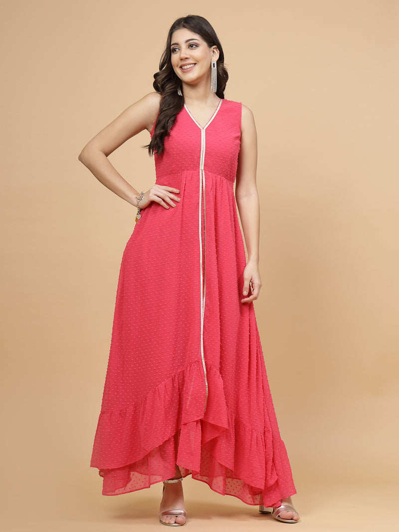 High Low Traditional Maxi Dresses Pink is a trendy maxi dress. Tailored with V-neck and high low pattern. Finished with a zip closure. It comes with a attached lining.