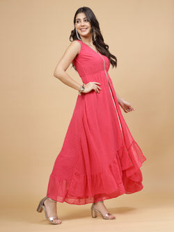 Pink color women dress with high low pattern. Double flare with bottom frill, comes with an attached lining, zip closure lace at neck.
