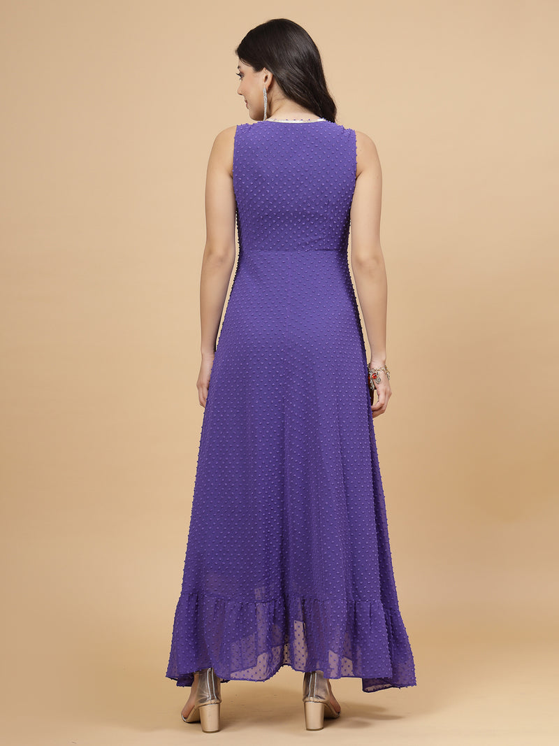 Blue colour long dress for women in georgette. Tailored with V-neck and high low pattern.﻿ Finished with a zip closure. It comes with a attached lining.
