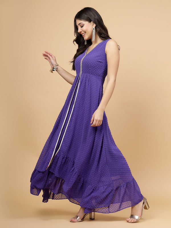 Blue colour long dress for women in georgette. Tailored with V-neck and high low pattern.﻿ Finished with a zip closure. It comes with a attached lining.