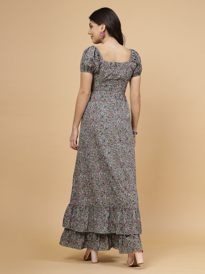 Green floral print floor length casual maxi dresses for women is a stylish dress with slit at front. Ruched detailing with drawstring and a back zipper for easy slip in. Perfect for casual outings.