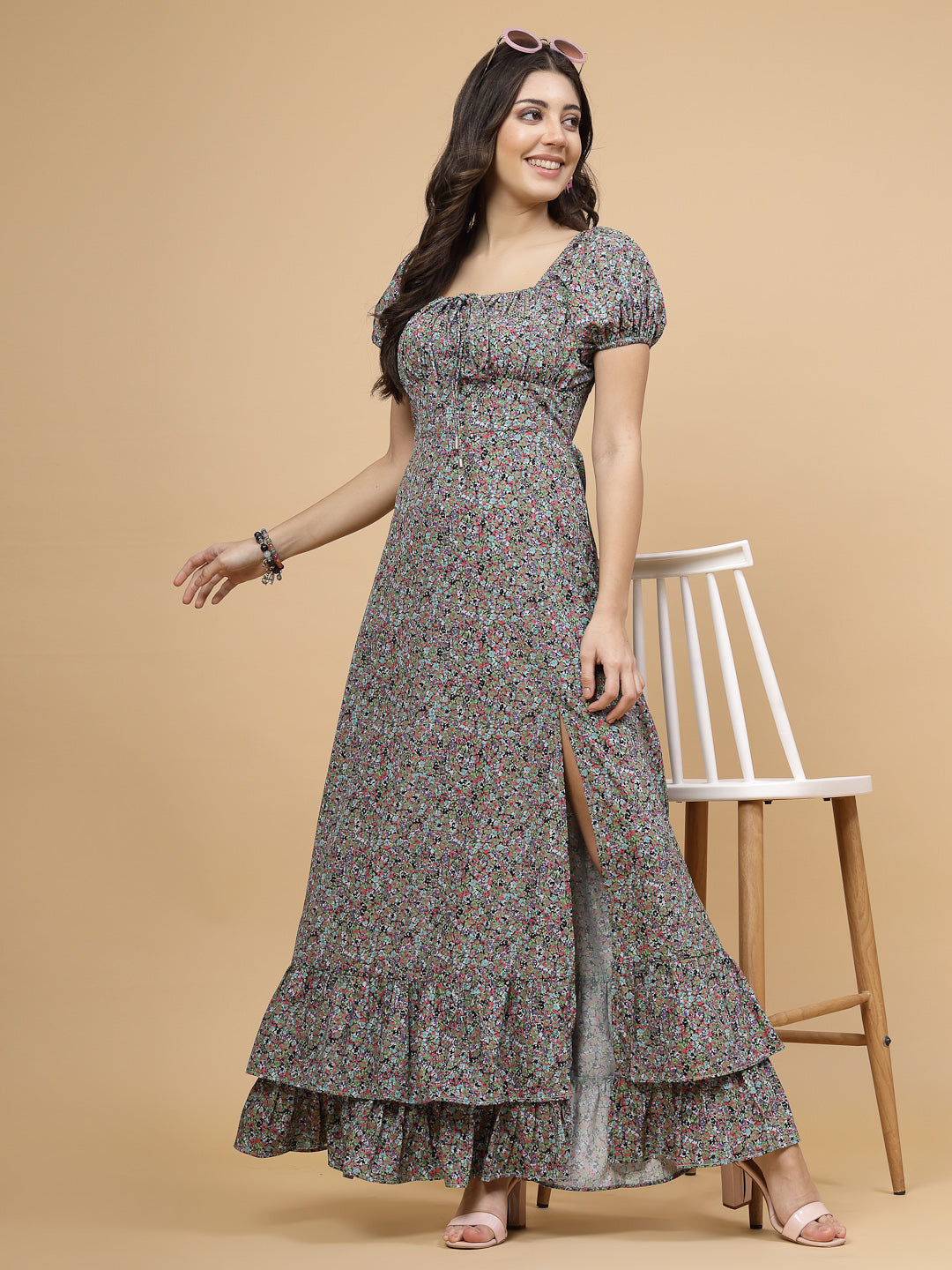 Floor Length Casual Maxi  Dress Green Floral