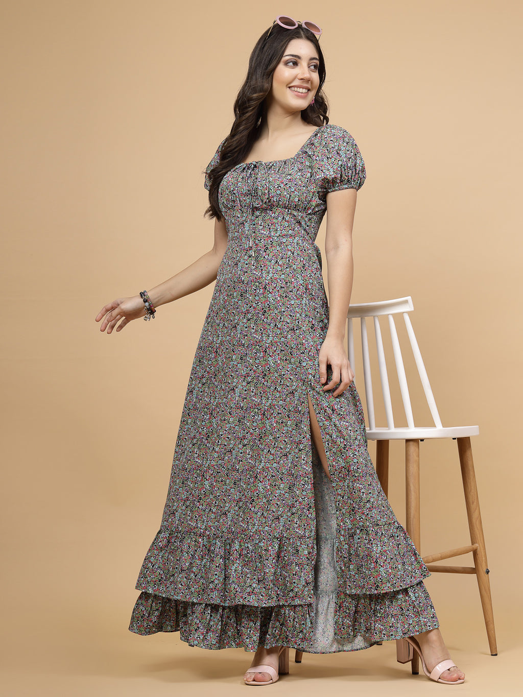 Floor Length Casual Maxi  Dress Green Floral