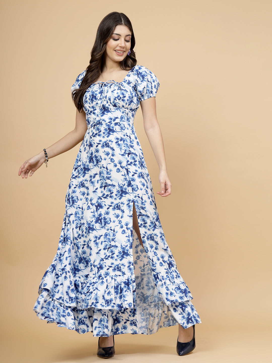 Blue floral print floor length casual maxi dresses for women is a stylish dress with slit at front. Ruched detailing with drawstring and a back zipper for easy slip in. Perfect for casual outings.
