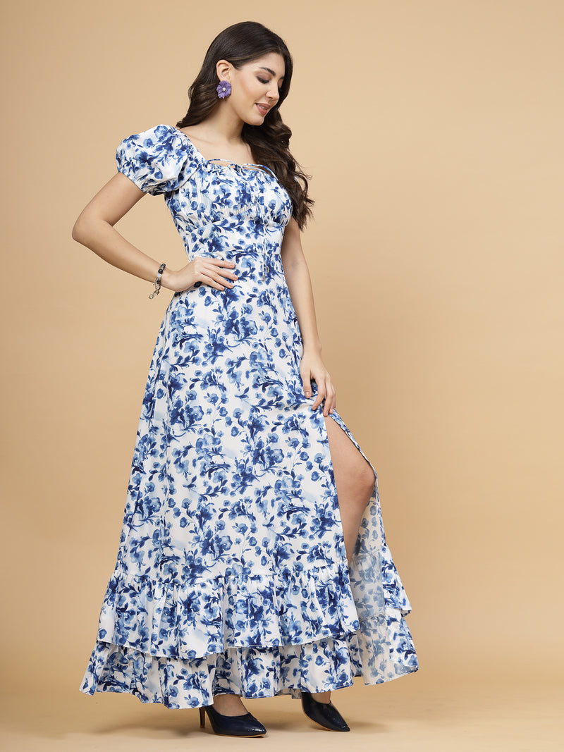 Blue floral print floor length casual maxi dresses for women is a stylish dress with slit at front. Ruched detailing with drawstring and a back zipper for easy slip in. Perfect for casual outings.