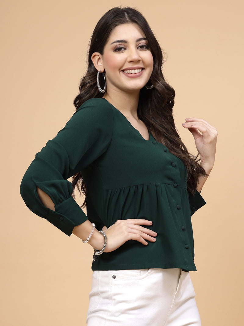 A vibrant green puff sleeve blouse designed for a fashionable look. The blouse features a button closure at the front, allowing for easy wear. With full sleeves, it is a versatile and stylish choice, perfect for pairing with jeans to create a trendy ensemble.