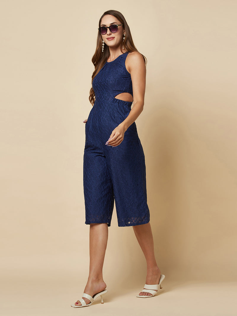 The blue Floral Mesh Side Waist Cut Jumpsuit for Women is a stylish and elegant outfit that features a vibrant blue floral pattern and mesh detailing on the sides. This women jumpsuit is designed to accentuate the waistline with a flattering cut, making it a great choice for any formal occasion or dressy event. This jumpsuit for women is comfortable to wear and made from high-quality materials, ensuring both style and comfort.