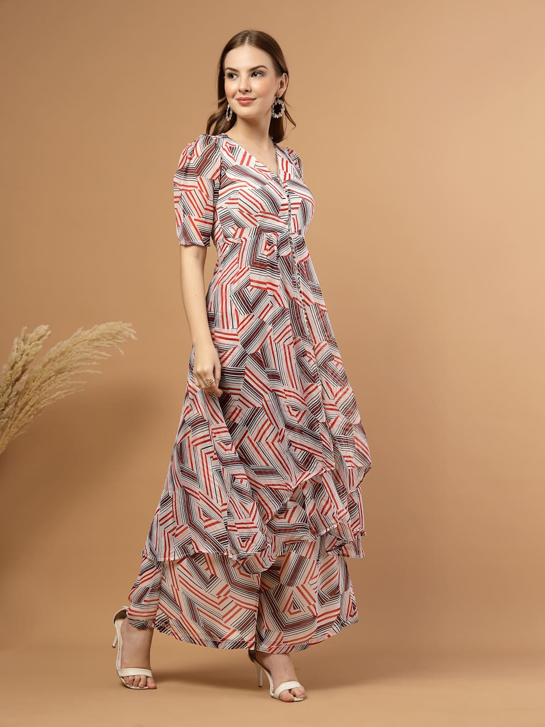 Women’s abstract print layered kurta set with flared pants – chiffon fabric with cotton lining, side zip closure and pocket – festive ethnic wear.