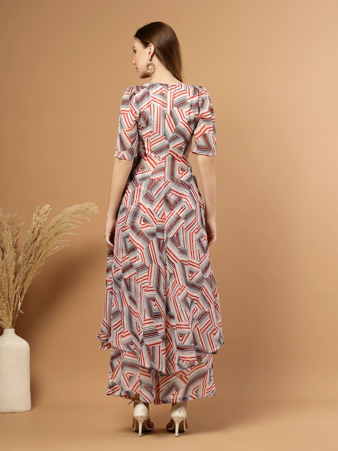 Women’s abstract print layered kurta set with flared pants – chiffon fabric with cotton lining, side zip closure and pocket – festive ethnic wear.