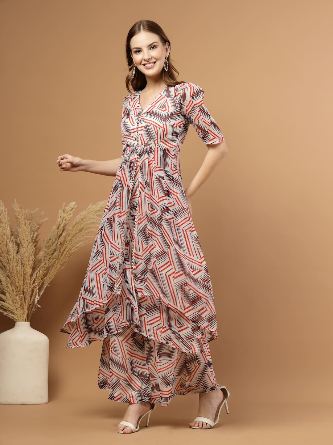 Women’s abstract print layered kurta set with flared pants – chiffon fabric with cotton lining, side zip closure and pocket – festive ethnic wear.