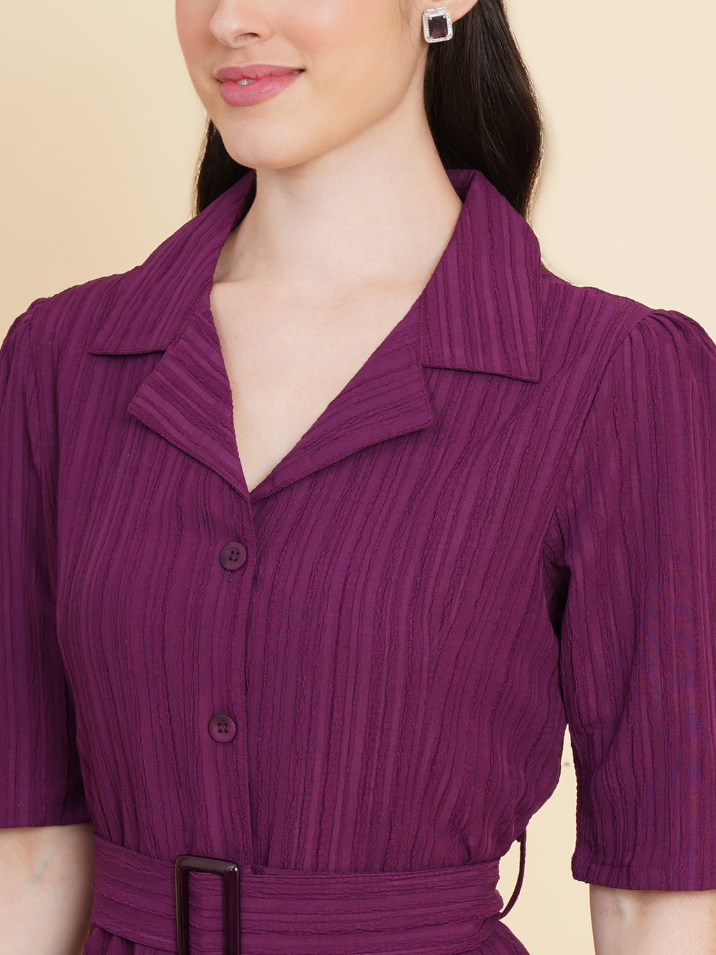 Purple Stretchable Short Dress with Tailored Collar