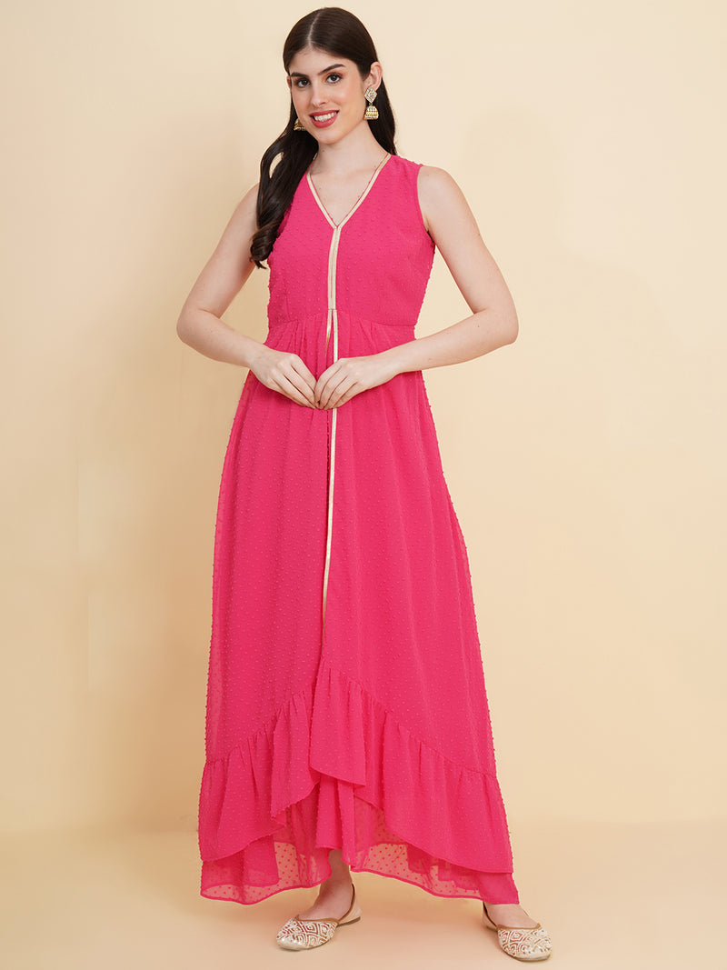 Pink  colour long dress for women in georgette. Tailored with V-neck and high low pattern. Finished with a zip closure. It comes with a attached lining.