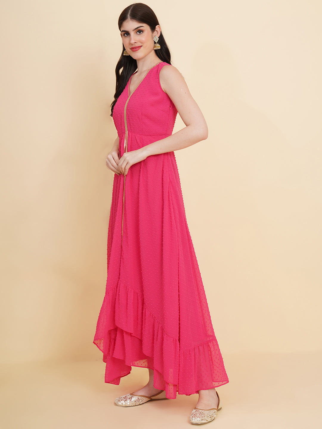 Pink  colour long dress for women in georgette. Tailored with V-neck and high low pattern. Finished with a zip closure. It comes with a attached lining.