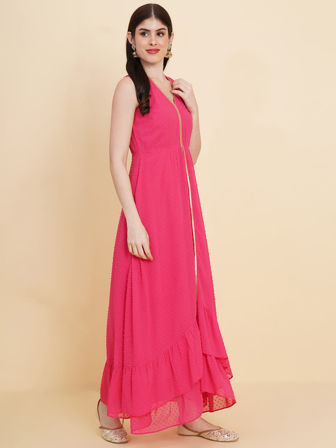 Pink  colour long dress for women in georgette. Tailored with V-neck and high low pattern. Finished with a zip closure. It comes with a attached lining.
