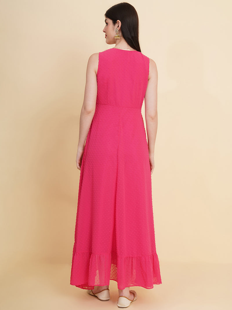 Pink  colour long dress for women in georgette. Tailored with V-neck and high low pattern. Finished with a zip closure. It comes with a attached lining.