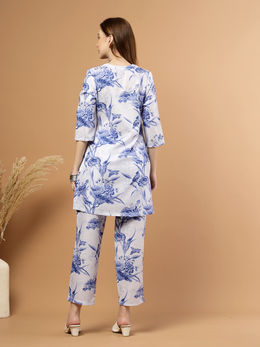 Back view of Blue Toile Print Kurta with Matching Bottoms for Women